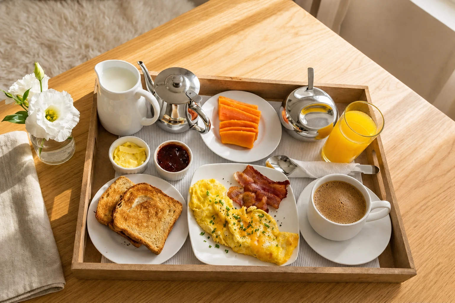 Desayuno casero servido en bandeja
